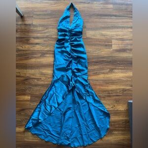Jessica McClintock for Gunners Sax Teal Halter Satin Mermaid Gown